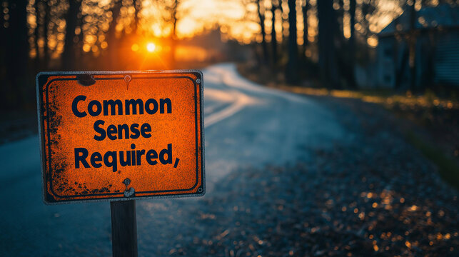 Poster of a safety sign saying "Common Sense Required," designed as a road sign, Common Sense Day, poster,
