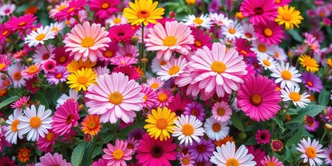 Fototapeta premium A vibrant and colorful flower background featuring a variety of blooming flowers in full bloom, flora, colorful