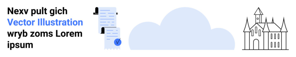 Documents, cloud, and castle outline. Ideal for cloud storage, data management, digital security, information technology, online services, secure storage solutions, remote access. Landing page