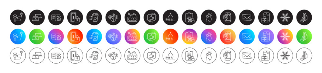 Snowflake, Brand ambassador and Journey line icons. Round icon gradient buttons. Pack of Messenger mail, Engineering documentation, Mobile inventory icon. Vector