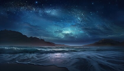 Naklejka premium Ethereal cosmic scene with multitude of stars twinkling in the night sky, representing celestial wonder and infinite possibilities within the universe.