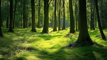 Fototapeta premium A stunning view from the forest floor, surrounded by tall, dense trees showcasing a vibrant palette of lush green colors. This image captures the essence of nature, with sunlight filtering