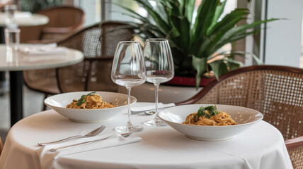 Two plates of pasta are on a table with two wine glasses. The table is set for two people to enjoy a meal together