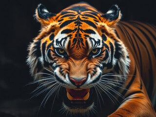 Fototapeta premium A striking image of a fierce tiger with vibrant colors set against a dark background, strength, wild