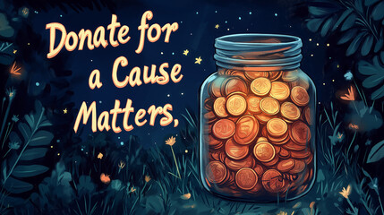 Illustrated jar filled with coins, with text "Donate for a Cause That Matters," fundraiser poster,