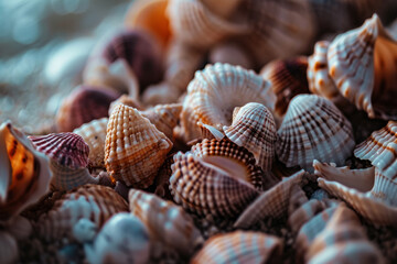 Toned image of many sea shells in pile. Lots of scallop seashells piled together background