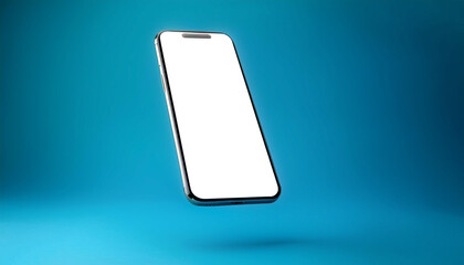 Smartphone with bright white screen floating or flying isolated on light blue background