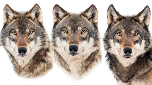 Detailed Close-Up Shots of Wolf Faces on a Transparent Background Generative AI