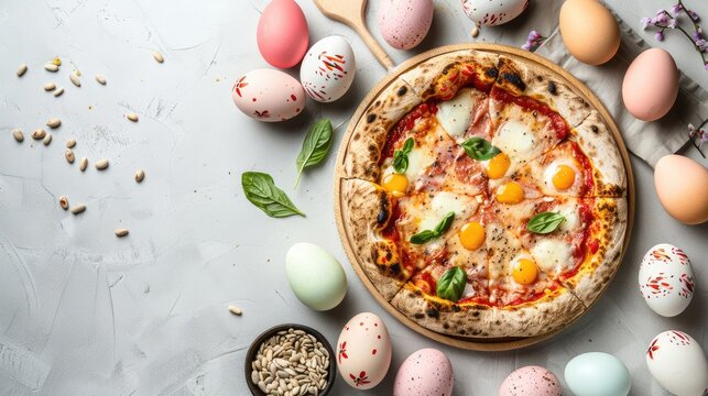 Easter theme with pizza and eggs on neutral background