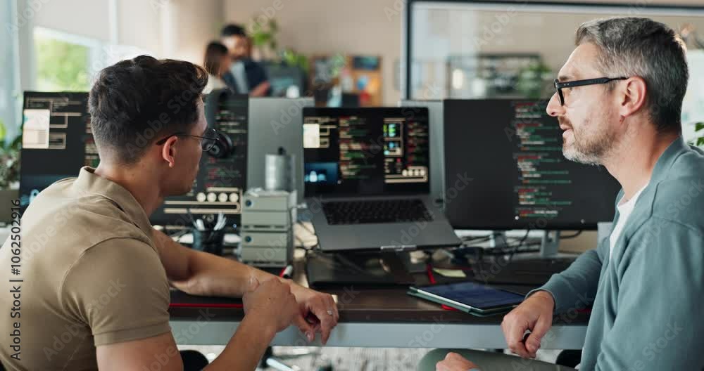 Poster Coding, collaboration and computer screen with business people in office working together. Conversation, discussion and programming with developer team reading machine language in workplace.