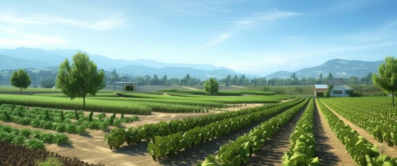 Naklejka premium Sprawling vineyard landscape under clear blue skies, rows of carefully cultivated grapevines stretching to distant mountains, peaceful agricultural paradise.