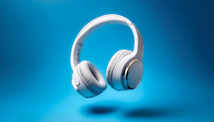 White metallic wireless headphones floating or flying isolated on light blue background