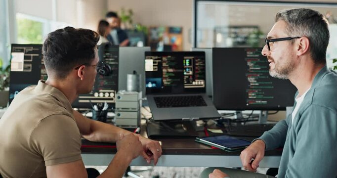 Coding, collaboration and computer screen with business people in office working together. Conversation, discussion and programming with developer team reading machine language in workplace. - Powered by Adobe