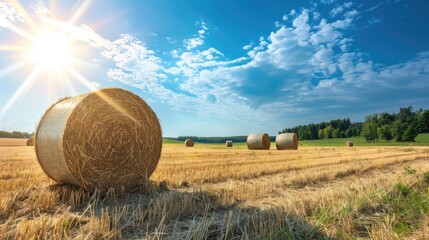 Agricultural field with hay bales and sunny blue sky.