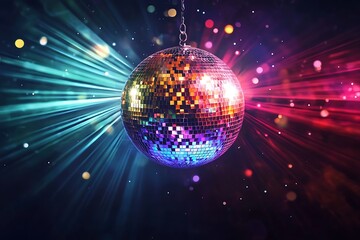 Dazzling disco ball suspended in a dark nightclub, refracting colorful light beams across the dance floor.