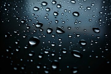 Photo of Many water droplets on black glass surface. Background texture for backdrops or mapping