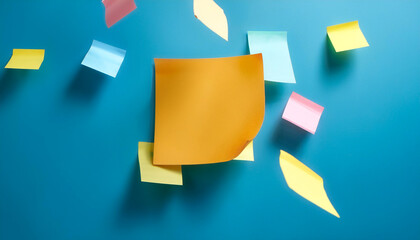 Post it notes floating or flying isolated on light blue background