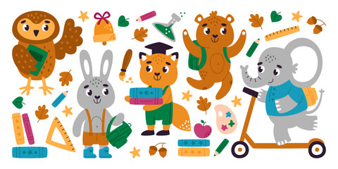 Cute baby animals and birds characters going to school and different education stationery set