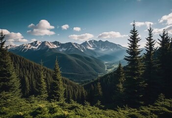 Obraz premium Majestic mountains tower over a serene spruce forest beneath a dramatic sky, showcasing nature beauty at dusk. Towering mountains with rolling hills and moody sky highlighting peaceful wilderness. AI