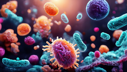 Illustration of microbiota including bacteria, fungi, protozoa, and viruses coexisting