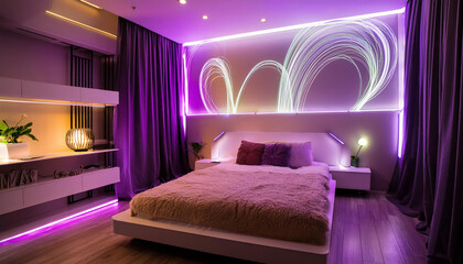 Futuristic kids room with purple neon lighting at night