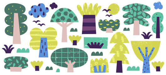 Cute tree and bush plants with geometric decorative design elements grunge hand drawn isolated set