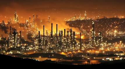 Fototapeta premium Nighttime industrial scene with illuminated smokestacks and structures. AI Image