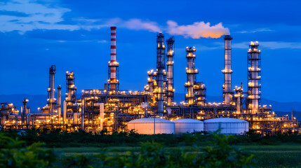 Obraz premium An industrial complex illuminated at dusk, showcasing oil refining and processing activities. AI Image