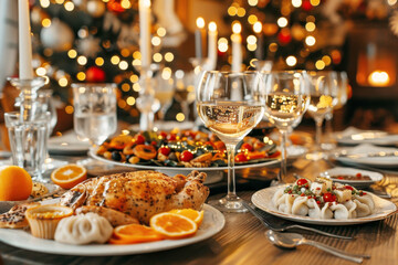 Fototapeta premium New Year celebration table with traditional Chinese cuisine as chicken, dumplings, salads, oranges