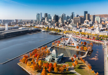 Aerial view of Montreal Old Port in autumn