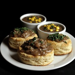 Savory Buttermilk Biscuits with Rich Gravy on Plate, Accompanied by Hearty Bowls of Corn and Vegetable Soup, Perfect Comfort Food for Cozy Dinner