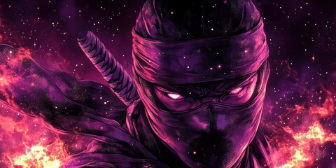 Mysterious Purple Ninja Warrior in Intense Cosmic Fire Background with Samurais Sword in Hand and Intense Gaze in Dark Fantasy Art Style