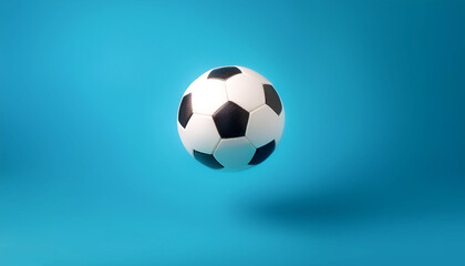 Naklejka premium White and black soccer ball floating or flying isolated on light blue background
