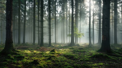 Obraz premium Early morning mist in Munich's Perlacher Forst forest with pine trees on mossy ground