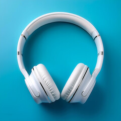 White metallic white wireless headphones, background concept isolated on light blue background