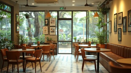 Obraz premium Cozy Cafe Interior with Plants and Natural Light