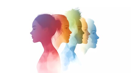 Abstract profile of multiethnic people, vector illustration on a white background with copy space for text.