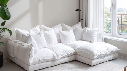 A white sectional sofa with plush pillows sits in a modern living room.