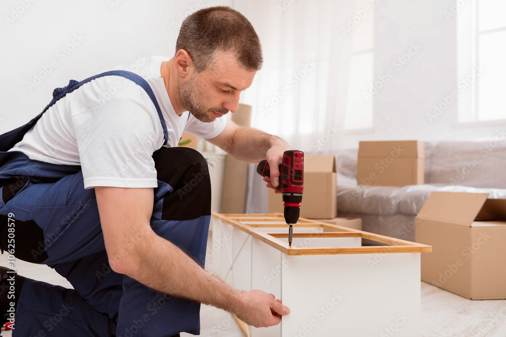 Poster furniture assembly service. man in blue coverall installing and assembling wooden shelf using electr
