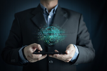 Businessman on blurred background using flying network connection interface 3D rendering