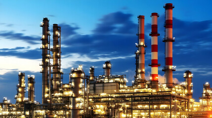 Obraz premium An industrial complex illuminated at dusk with smokestacks and equipment. AI Image