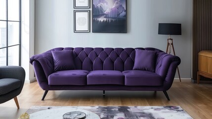 Purple velvet sofa with tufted upholstery in modern living room.