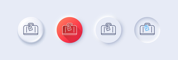 Airport hand baggage reclaim line icon. Neumorphic, Red gradient, 3d pin buttons. Airplane luggage sign. Flight checked bag symbol. Line icons. Neumorphic buttons with outline signs. Vector