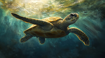 sea turtle swimming gracefully through warm ocean waters, showcasing its majestic form and serene environment. sunlight filters through water, creating tranquil atmosphere