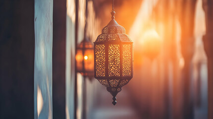 A beautifully lit lantern casting intricate shadows in a warm sunset ambiance. AI Image