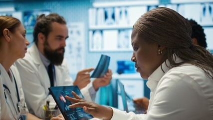 Radiologists diverse team reviewing x rays to discuss patient care in a facility. Team of skilled healthcare specialists working together to provide accurate diagnosis and treatment plans. Camera B.