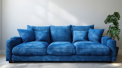 Blue sofa with pillows in a modern living room with a plant in the corner.