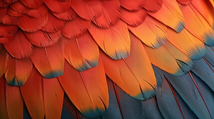 Fototapeta premium Close-up of vibrant red, orange, and blue feathers on a bird's wing.