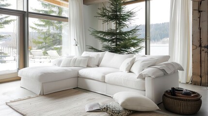 White sectional sofa with pillows in a modern living room with large windows and a view of a snowy...