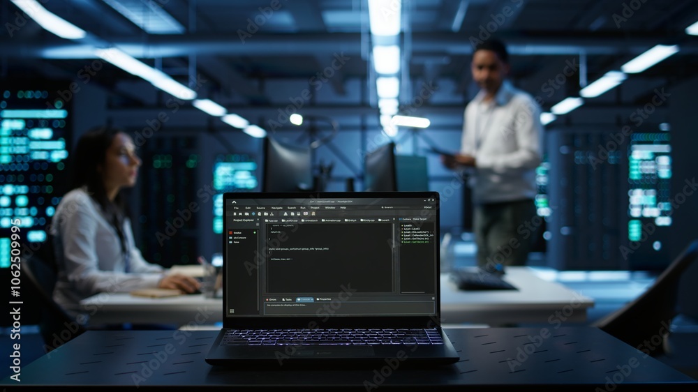 Poster close up of code running on laptop screen in data center used for managing gear energy consumption. 
